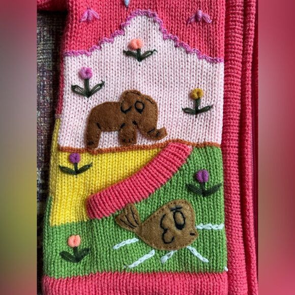 Colorful Pink Knit with embroidered details Kids Zippered Hooded Sweater - Picture 7 of 14